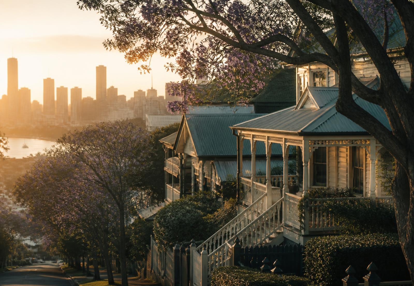 Queenslander homes on a leafy street with the Brisbane skyline at golden hour